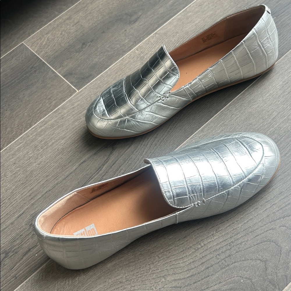 Fitflop Lena Croc-Embossed Silver Metallic Leather Loafer Flat Size 8 Comfort - Picture 11 of 16